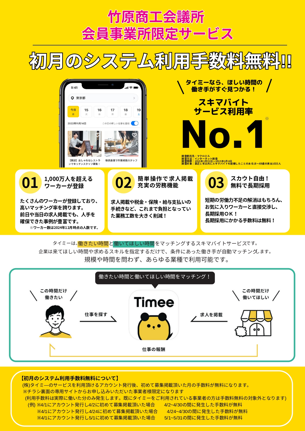 会員特典「タイミー」初月システム利用料無料のお知らせ!!のイメージ